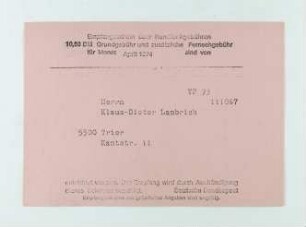 Quittung für Rundfunkgebühren (1974)