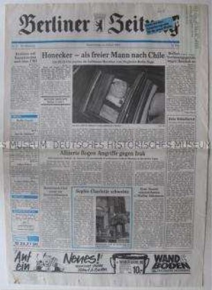 Fragment der "Berliner Zeitung" u.a. zur Ausreise von Erich Honecker ins Exil nach Chile