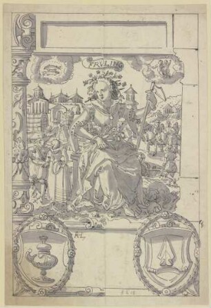 Sitzende Frauengestalt (Frühling), oben im Rund die Sternbilder der Fische und Zwillinge, unten links das Wappen der Knecht von Bern, rechts das Wappen der Vogt von Bern