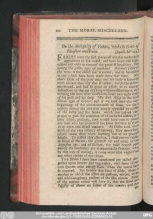 On the Antiquity of Fables, with the Fable of Pleasure and Pain.