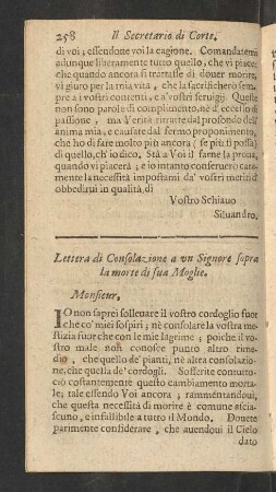 Lettera di Consolazione a un Signore sopra la morte di sua Moglie.