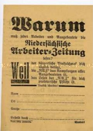 Werbeblatt für ein Abonnement der "Niedersächsischen Arbeiter-Zeitung"