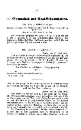 Bedingung für Anrechnung der von Lehrern höherer Unterrichtsanstalten im Auslande zugebrachten Dienstzeit bei der Pensionirung : [III. Gymnasial- und Real-Lehranstalten]