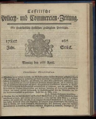 1781tes Jahr. 16tes Stück. Montag den 2ten April