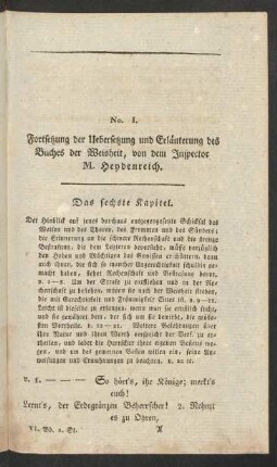 No. I. Fortsetzung der Uebersetzung und Erläuterung des Buches der Weisheit, von dem Inspector M. Heydenreich