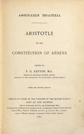  Aristotle on the Constitution of Athens : Edited by J. G. Kenyon