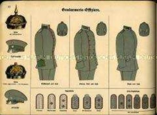 Uniformdarstellung, Schema der Helme, Waffenröcke, Hosen und Achselstücke von Offizieren der Bayerischen Gendarmerie, Deutsches Kaiserreich, 1916.