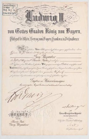 Ludwig II. von Bayern (1845 - 1886) Autographen: Brief von Ludwig II. an Georg Kaspaitzer - BSB Autogr.Cim. Ludwig .12