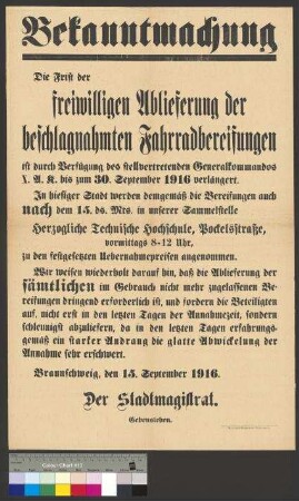Bekanntmachung des Stadtmagistrats Braunschweig zur Ablieferung von beschlagnahmten Fahrradbereifungen