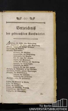Verzeichniß der gebrauchten Kunstwörter.