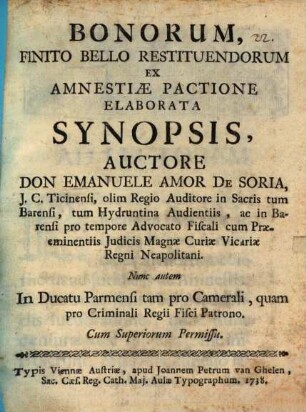 Bonorum Finito Bello Restituendorum Ex Amnestiae Pactione Elaborata Synopsis