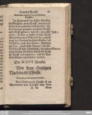 Der XXVI. Artickel. Von dem Heyligen Nachtmal Christi.