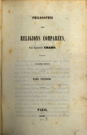 Philosophie des religions comparées, 1