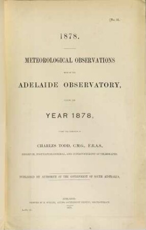 Meteorological observations made at the Adelaide Observatory. 1878, 1878 (1879)