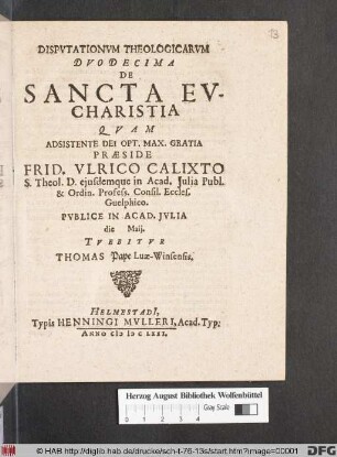 Disputationum Theologicarum Duodecima De Sancta Eucharistia