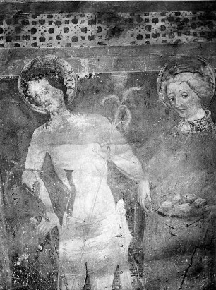 Christus als Schmerzensmann umgeben von Heiligen : Christus als Schmerzensmann umgeben von Heiligen. Freskomalerei (1446/1455). Völkermarkt-Sankt Stefan, Filialkirche, Außenwand, Südseite
