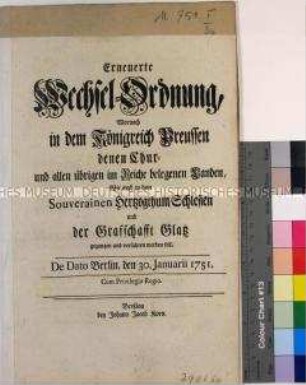 Erneuerte Wechselordnung von Friedrich II. König in Preußen für Schlesien