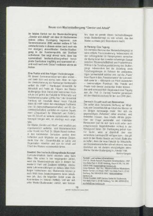 Neues vom Masterstudiengang "Gender und Arbeit"