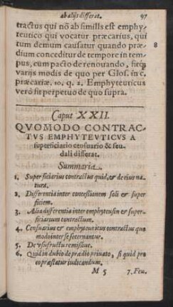 Caput XXII. Quomodo Contractus Emphyteuticus A superificiario censuario & feudali differat.