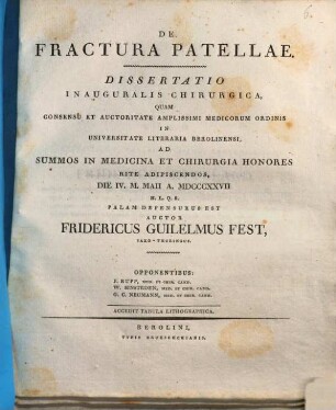 De fractura patellae : Diss. inaug. chir. ; cum tab. lith.