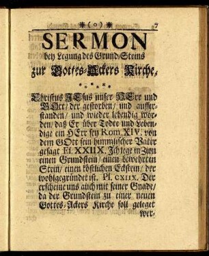 Sermon bey Legung des Grund-Steins zur Gottes-Ackers Kirche.