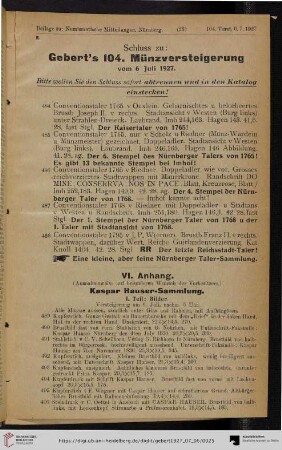 Schluss zu: Gebert's 104. Münzversteigerung vom 6. Juli 1927 (Nr. 484-488)