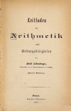 Leitfaden der Arithmetik nebst Uebungsbeispielen