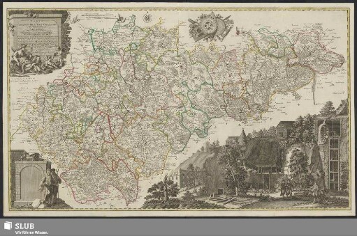 Carte von Ertzgebürgischen Creysse, in Churfürstenthum Sachssen : mit allen darinnen befindlichen Aemtern und Herrschaften wie solche eingetheilet und zwart. I. die Zwickauschen Aemter II. Ambt Schartzenberg III. Herrschaft Hartenstein IV. Glauche V. Ambt Lemsa, VI. Ambt Waldenburg, VII. Ambt Rochsburg, VIII. Ambt Penig, IX. Ambt Wechsselburg, X. Ambt Chemnitz, XI. Ambt Stollberg, XII. Ambt Grunhayn, XIII. Ambt Wolckenstein, XIV. Ambt Lauterstein, XV. Ambt Augustusburg, XVI. Ambt Franckenberg, XVII. Ambt Nossen, XVIII. Ambt Freyberg, XIX. Ambt Grullenburg, XX. Ambt Frauenstein, XXI. Ambt Altenberg, XXII. Ambt Dippoldiswalda, Ingleichen Derer in Meissnischen Creysse gelegenen Aembter XXIII. das Ambt Pirna mit der Herrschafft Lauenstein, XXIV. Ambt Löhmen, XXV. Ambt Hohenstein