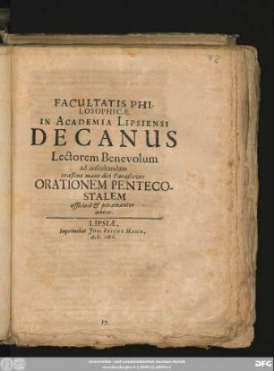 Facultatis Philosophicae In Academia Lipsiensi Decanus Lectorem Benevolum ad auscultandam crastino mane diei Parasceves Orationem Pentecostalem officiose & peramanter invitat