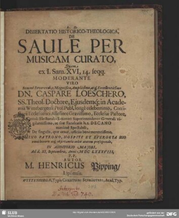 Dissertatio Historico-Theologica, De Saule Per Musicam Curato
