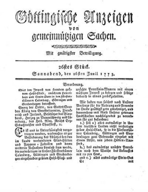26stes Stück. Sonnabend, den 26sten Junii 1773.