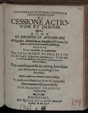 Inauguralis Conclusionum Iuridicarum Decas De Cessione Actionum et Iurium