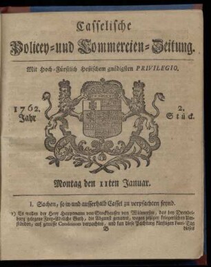 2. Stueck, Montag den 11ten Januar 1762