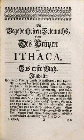 Die Begebenheiten des Prinzen von Ithaca, Oder Der seinen Vater Ulysses suchende Telemach, 1