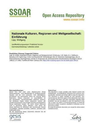 Nationale Kulturen, Regionen und Weltgesellschaft: Einführung