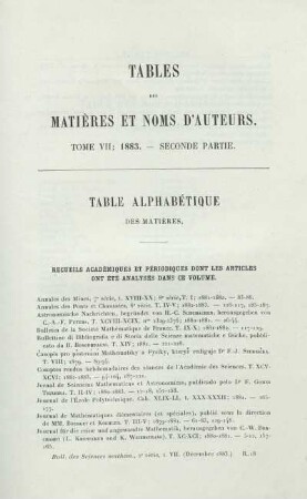 Recueils Académiques es Périodiques dont les Articles one éte Analyses dans ce Volume.
