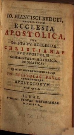 Ecclesia Apostolica : sive de statu Ecclesiae christ. sul Apostolis commentatio historico-dogmatica