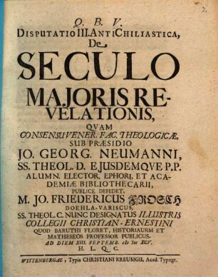 Disputatio III. AntiChiliastica, De Seculo Maioris Revelationis