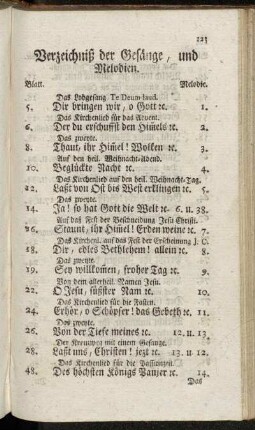 Verzeichniß der Gesänge, und Melodien.