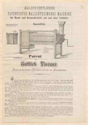 Patent des Gottlieb Vinzenz, Maschinenfabrikant in Augsburg, auf einen eigentümlichen Apparat zum Entkeimen des Malzes