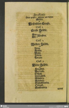 Specificatio Derer großen, mittlern, und kleinen Städte in Meißnischen Creyße