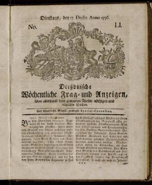 No. LI. Dienstags, den 17. Decbr. Anno 1776. - No. LII. Dienstags, den 24. Decbr. Anno 1776.