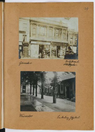 Market Street, Gloucester / Berkeley Hospital, Worcester: Ansichten (aus: Skizzen- und Fotoalbum 26)