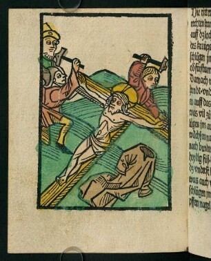 111v, Holzschnitt (Jesus wird ans Kreuz genagelt)