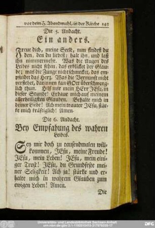 Die 6. Andacht. Bey Empfahung des wahren Leibes.