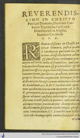 Domino Cutberto Tonstallo Ioannes Cochleus Salutem Plurimum Dicit