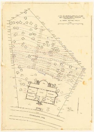 Garten Nasch, Berlin-Grunewald: Geländeaufnahme des Grundstückes (Höhenlinienplan) mit Erdgeschoss-Grundriss des Wohnhauses 1:200, Maßstabsleiste