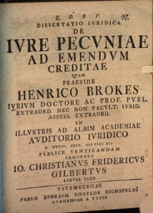 Diss. iur. de iure pecuniae ad emendum creditae