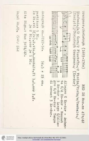 Sinfonia / a / 2 Corn / 2 Flaut: Tr. / 2 Violin / Viola / e / Cembalo. / [Incipit] / Christoph Graupner.