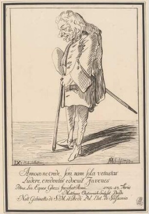 Annoso ne crede seni [...] docuit Juvenes (Der Münz- und Gemmenkenner Marcantonio Sabatini), Bl. 9 der "Raccolta di XXIV Caricature", Dresden 1750